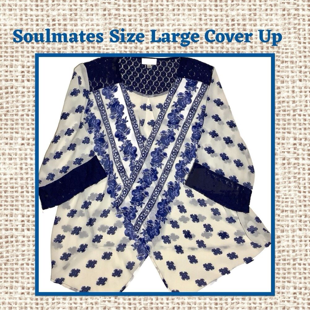 Soulmates Cover Up Womens Size Large Navy Blue Gauzy‎ Kimono Bohemian Chic